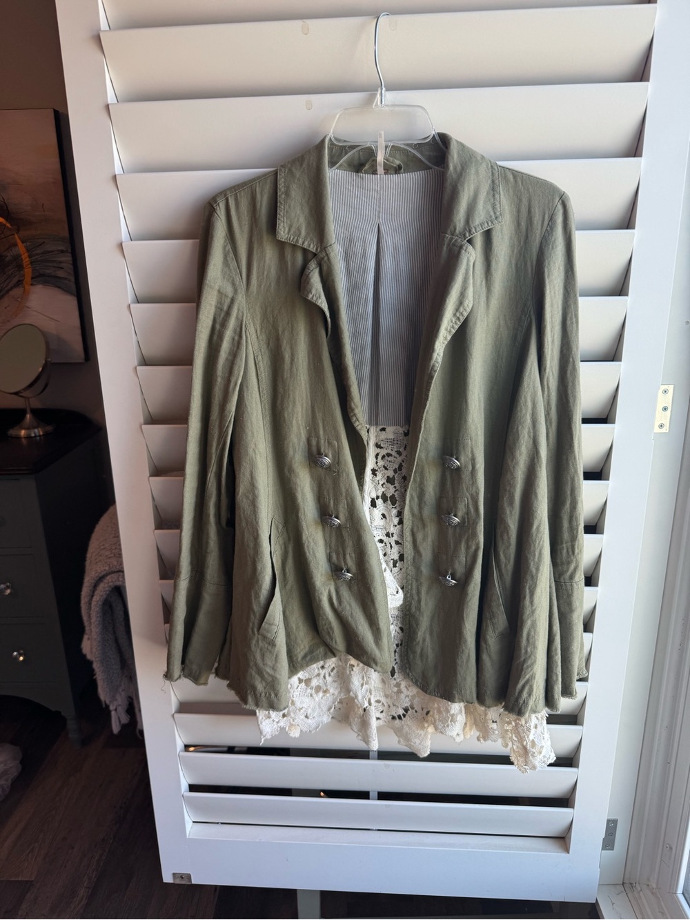 Free People Olive Green Double-Breasted Lightweight Blazer